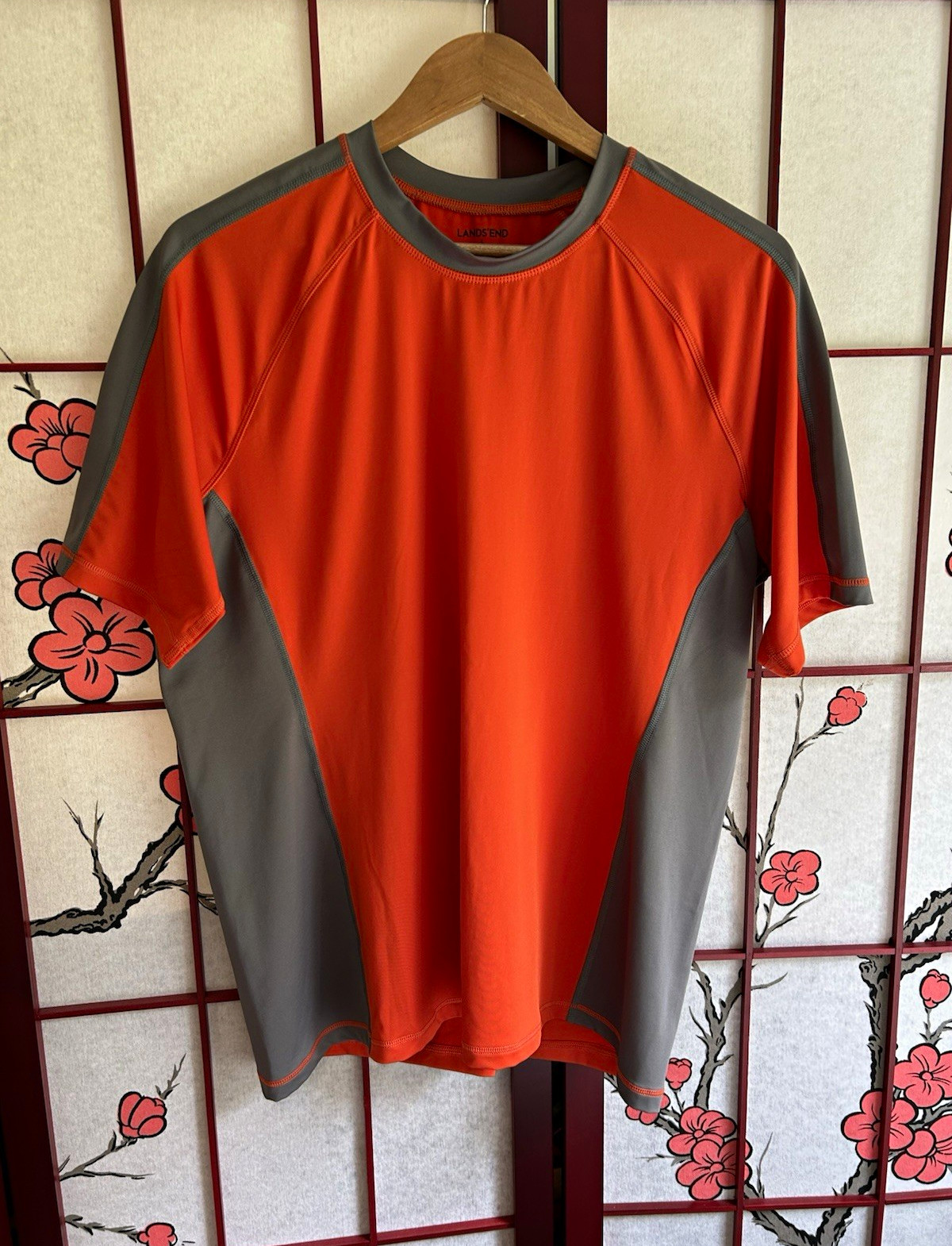 Lands' End Men's L Orange/Gray Colorblock Raglan Stretch Poly Tee Shirt gallery