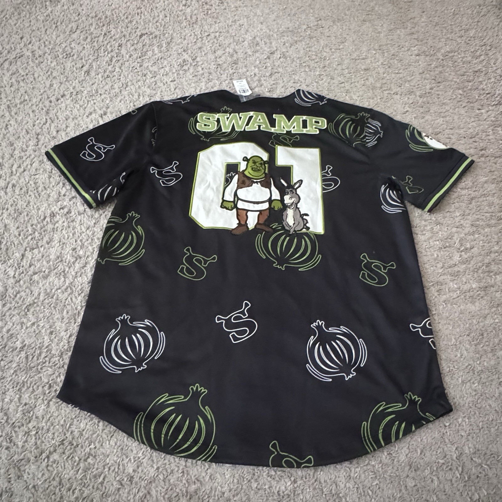 NWT Men’s DreamWorks Shrek Onions Allover Print Baseball Jersey (Size: Large) gallery
