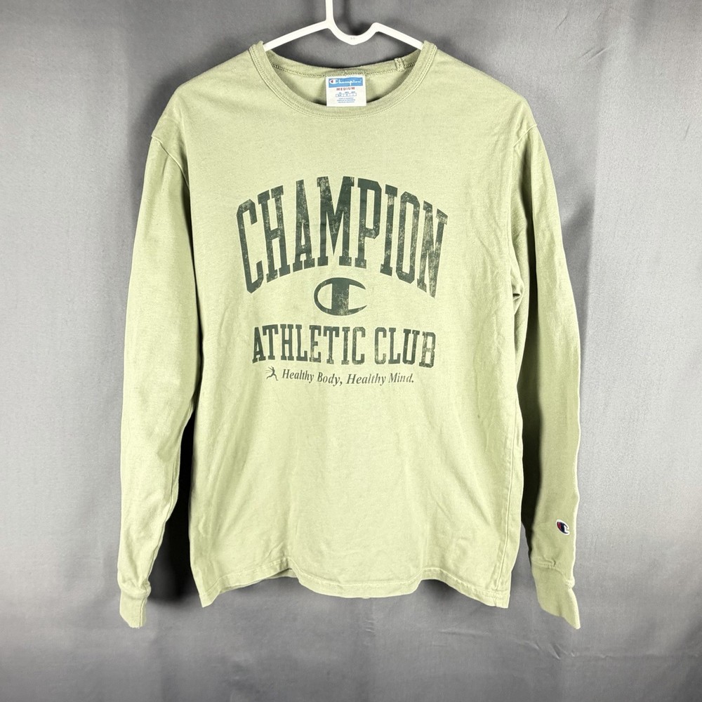 Champion Long Sleeve T Shirt Medium Athletic Club Miltiary Green Lite Stain Pic