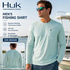 HUK Fishing Shirt Mens M Lime Green Long Sleeve Zip Pocket Crewneck Light Beach