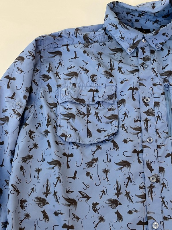 Fly Fishing Shirt Mens XL Blue Long Sleeve Fly Lure Print Vented Guide Gear gallery