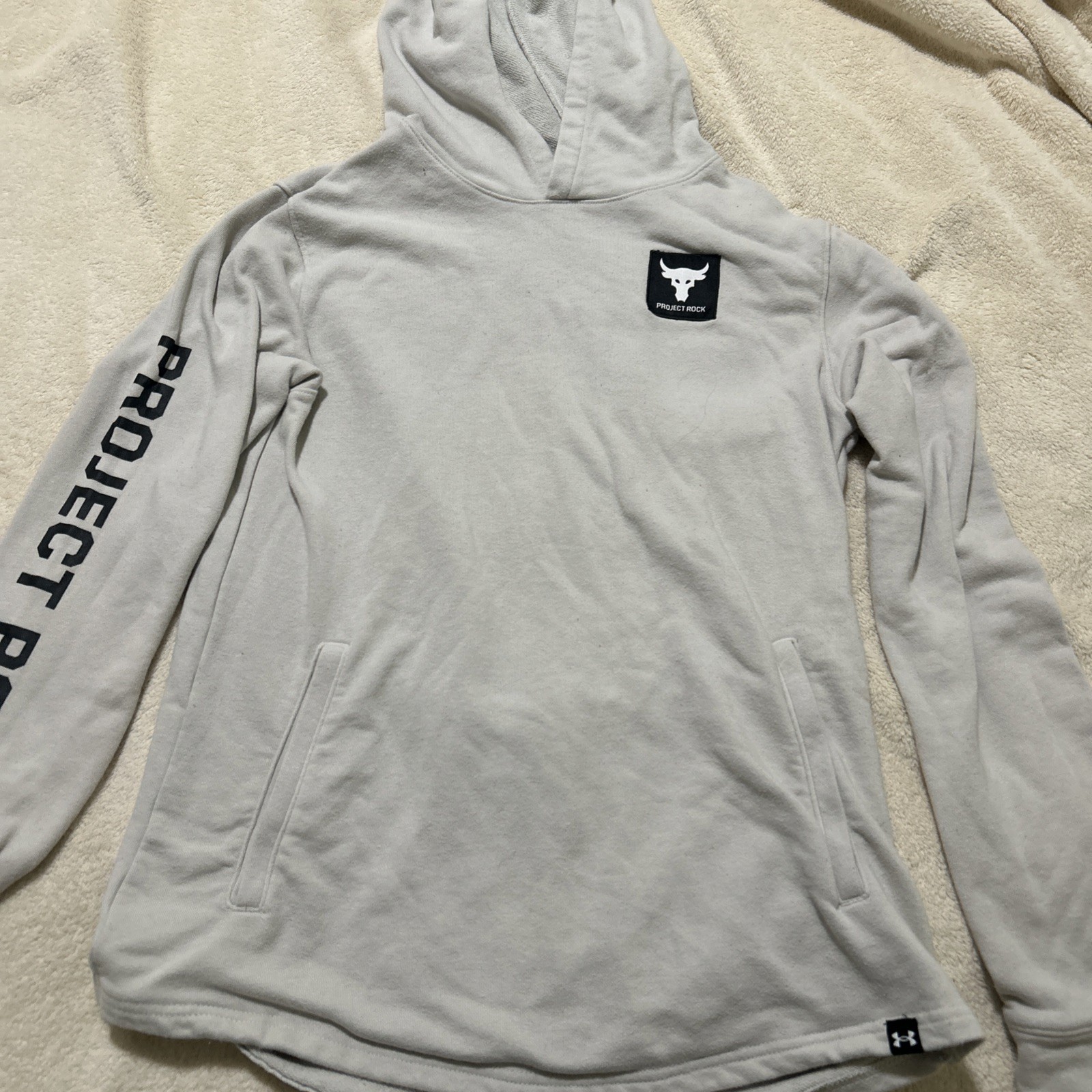 Under Armour Project Rock Long sleeve Hooded Shirt Size YXL Beige Gently Used gallery
