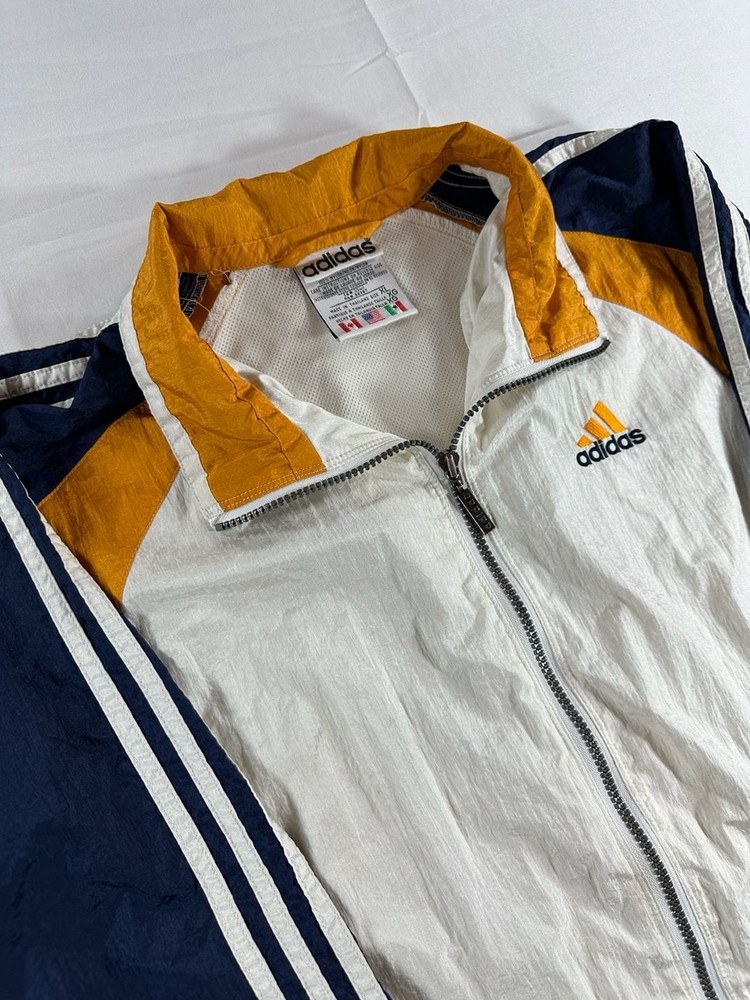 Vintage 90s Adidas Colorblock Full Zip Windbreaker Jacket White Navy Gold XL