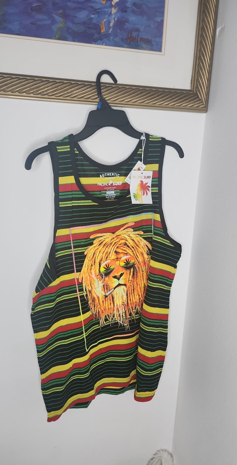 Pacific Surf Men's Rasta Lion Striped Tank Top M Black Yellow Red Green gallery
