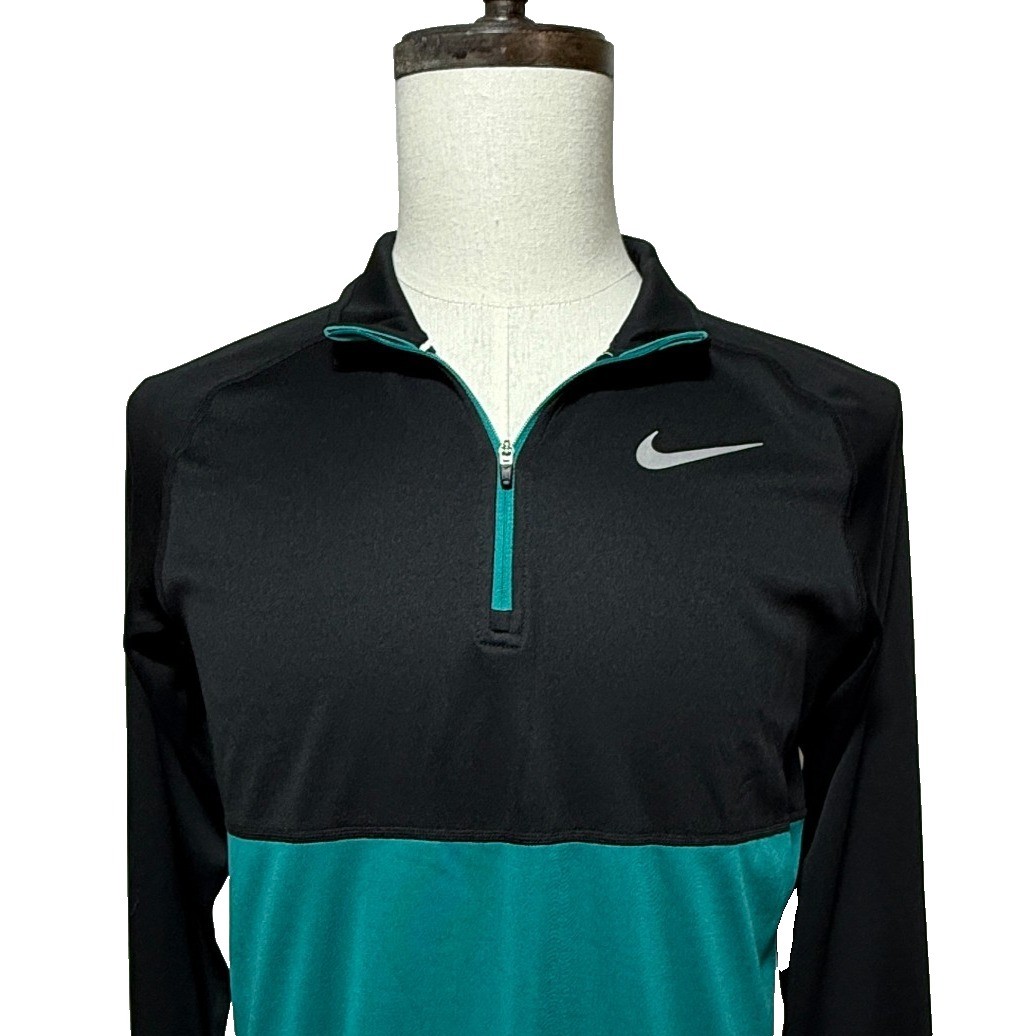 Nike Dri Fit Shirt Mens Medium Black Green Running 1/4 Zip Pullover Thumbholes gallery