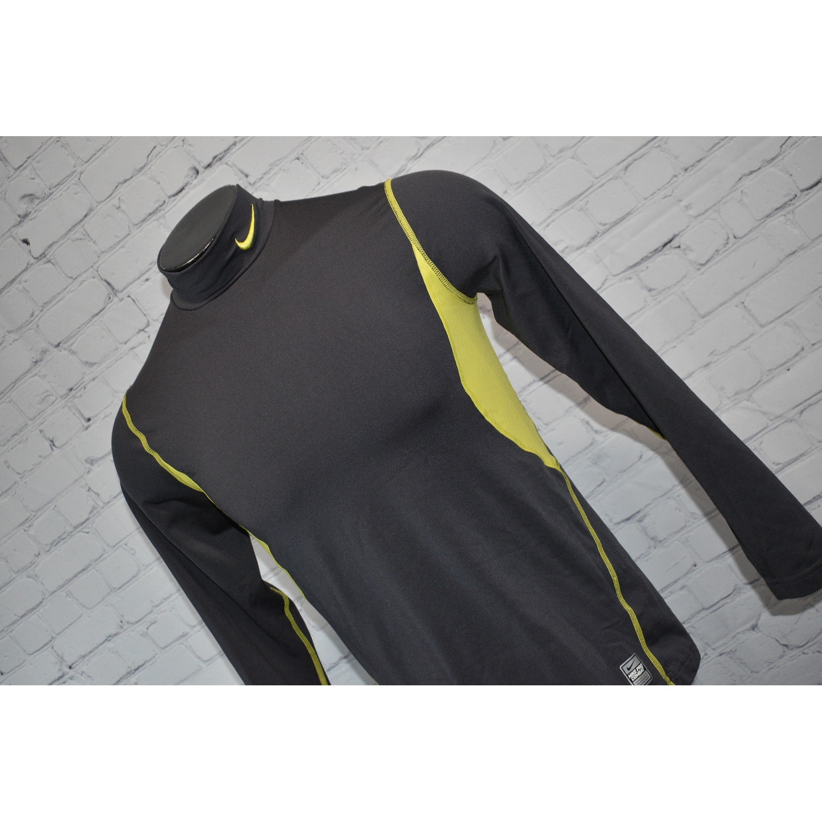 Nike Pro Combat Shirt Mens Small Gray Neon Yellow Mock Neck Long Sleeve gallery