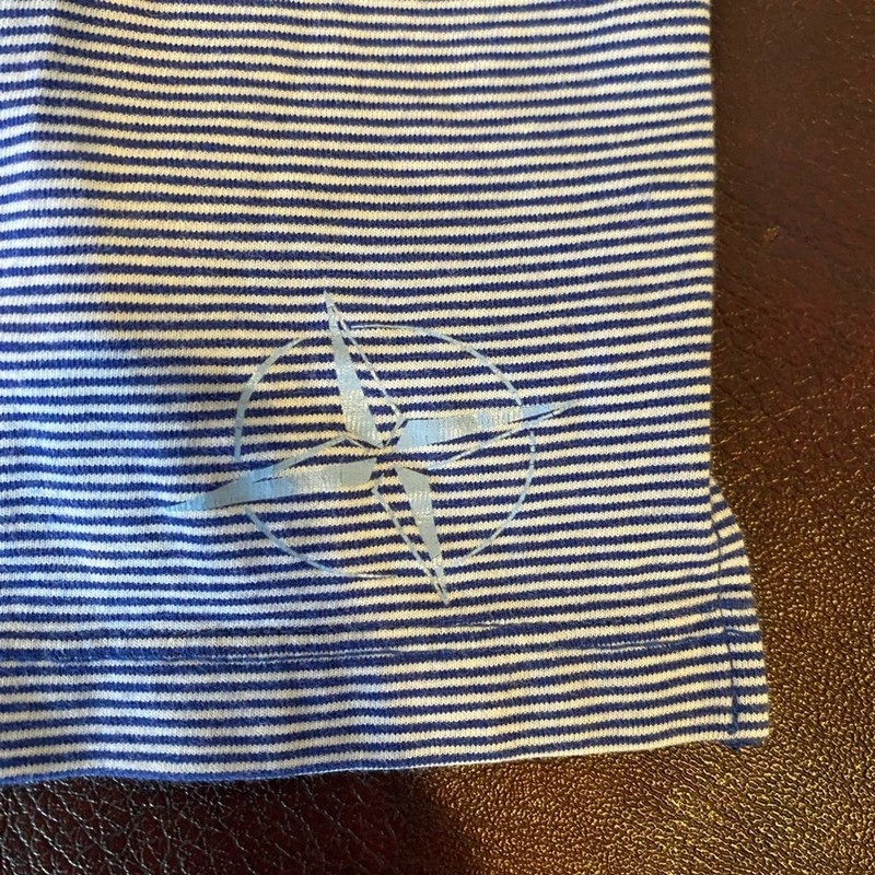 B Draddy Polo Shirt Size XL Blue White Striped Golf Performance. Peru made. gallery
