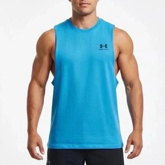 Under Armour Mens Left Chest Cut Off Tank Blue Loose Fit Muscle Shirt M