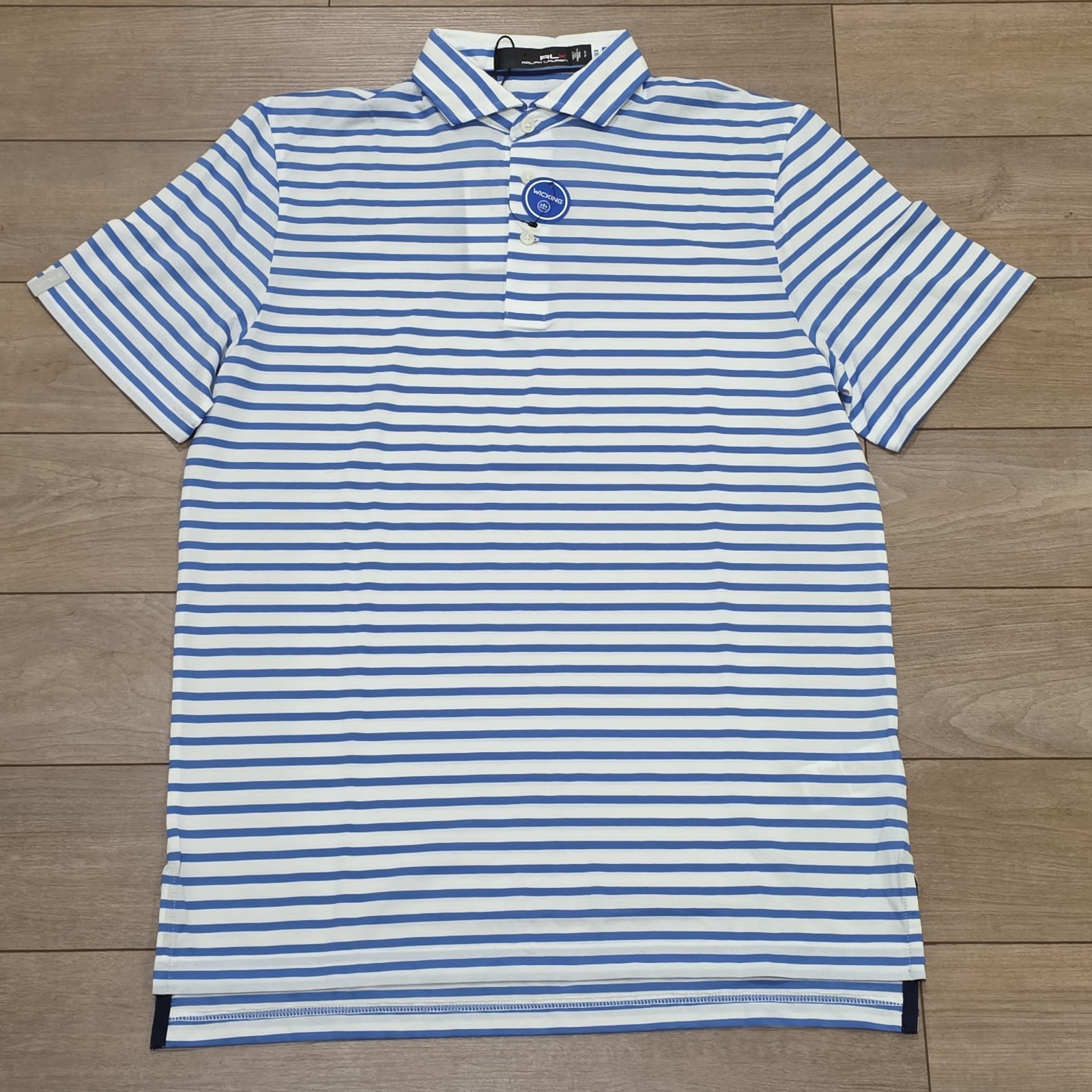 $110 RLX Ralph Lauren Mens Small Golf Performance Polo Shirt White Blue Striped gallery