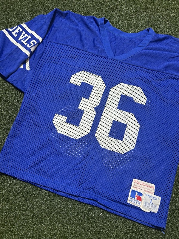 Vintage Russell Athletic Mesh Jersey Football Size L Blue Devils Made In USA 80s gallery