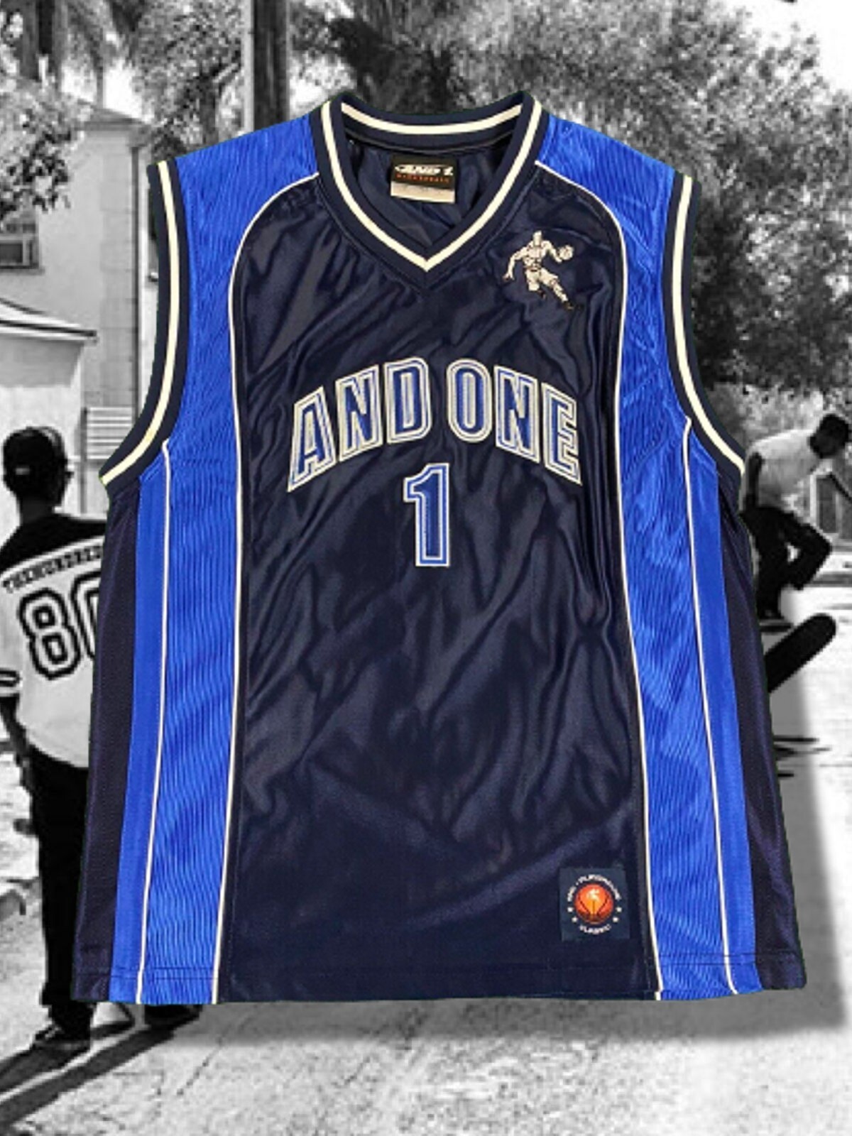 Vintage And1 And One Blue Black Basketball Playground Jersey Sz Youth Medium gallery