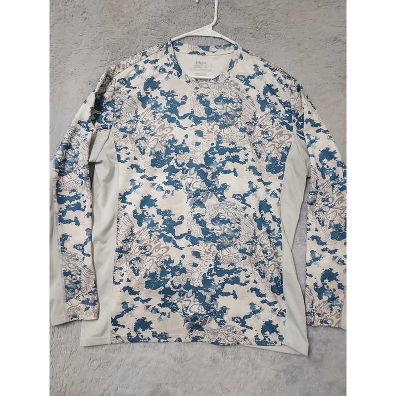 Huk Shirt Mens Large Fishing Performance Camo Long Sleeve White Blue WORN SPTOS gallery