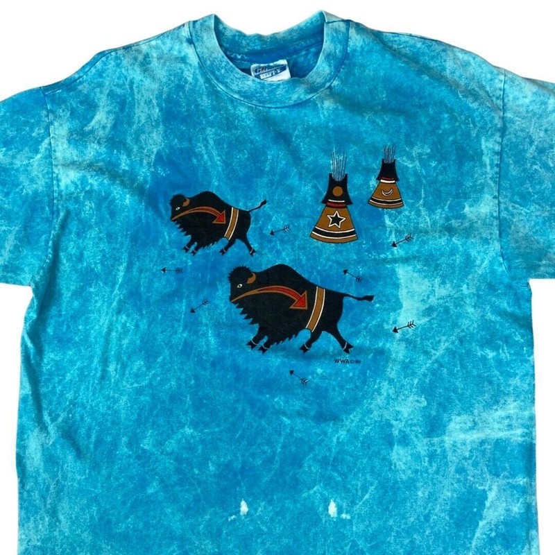 VTG 1989 Blue Tie Dye Native American Wild West Artwear Buffalo Graphic Tee LRG gallery