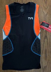 TYR COMPETITOR Men’s Small Black Neon Orange Zip Front Singlet Exercise Tank New