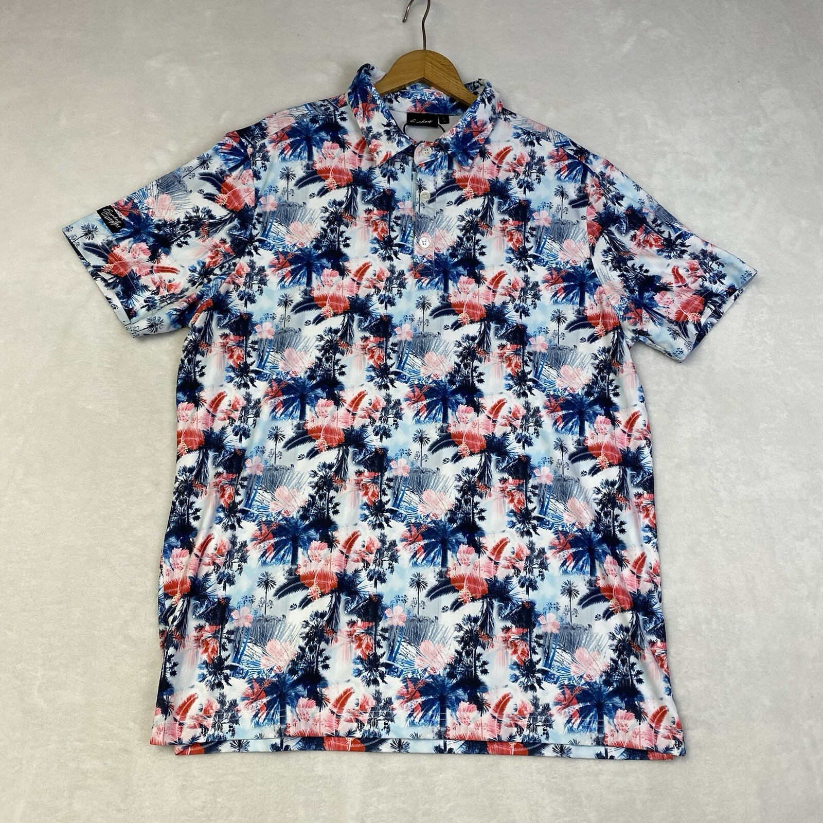 SUNDAY SWAGGER Blue Pink Palmera Palm Tree Polo Golf Shirt Large UPF 40 gallery