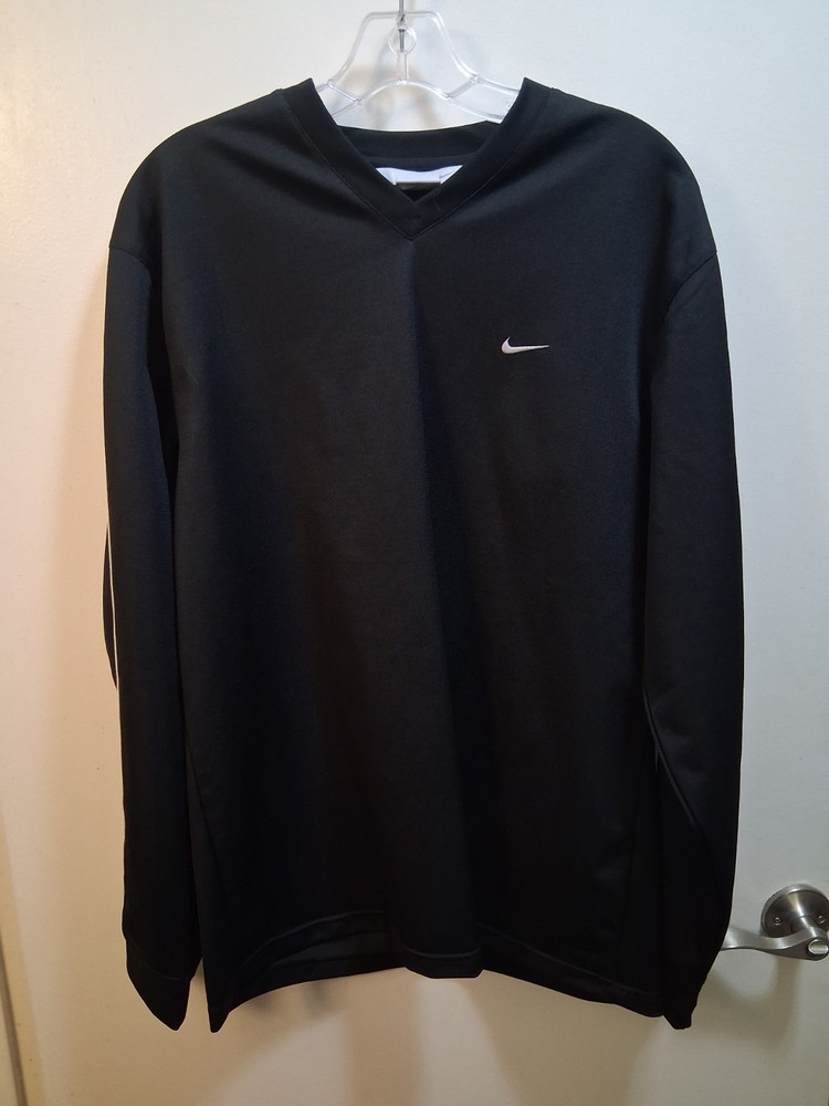 Vintage Nike Mens L Black V-Neck Long Sleeve Striped Accent Embroidered Logo Y2K