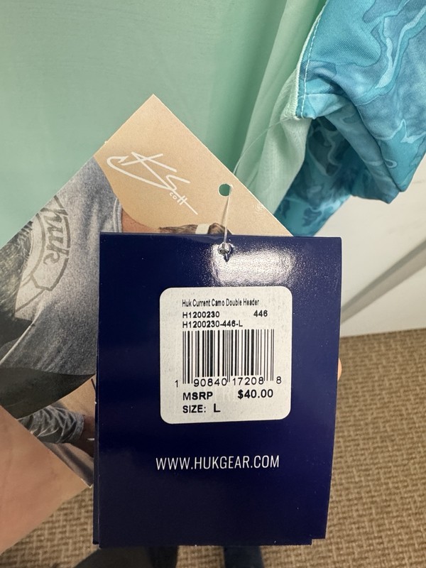 Huk NEW Men's L Current Camo Double Header Blue/Green Long Sleeve Fishing Shirt gallery