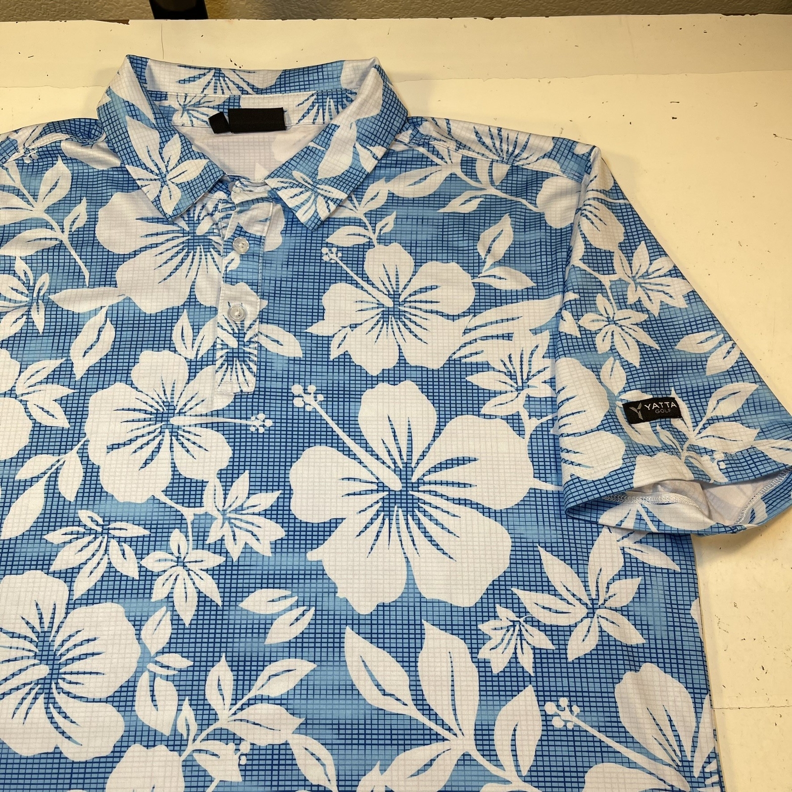 YATTA GOLF HAWAII ALOHA HAWAIIAN POLO SHIRT Mens L Blue & White Orchids gallery