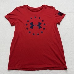 Under Armour Men’s Medium Red Short Sleeve TShirt Black Logo with Stars USA Flag