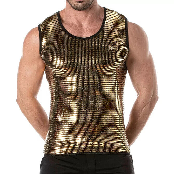 TOF PARIS Glitter Form-Fitting Tank Top Fashion Sequin Gold 15 gallery