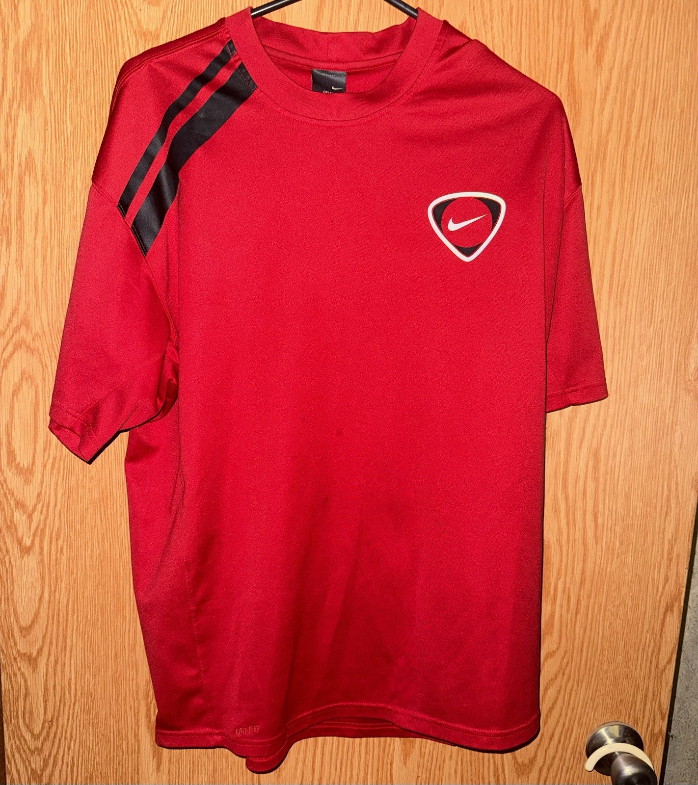 Nike Shirt Mens Large Red With Black Dri Fit Short Sleeve Soccer Front Swish gallery