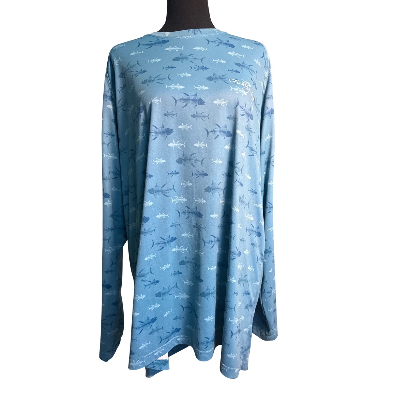 Fishing Life Mens 2XL Blue Fish Bone Print UPF 50+ Lg Sleeve Performance Shirt gallery