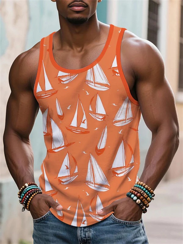 Summer Casual Beach Tank Tops For Men Fashion Sailboat Coconut Tree 3D Printed V gallery