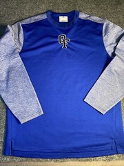 OF Majestic Activewear Shirt Men Large Blue Stretch High Low Slit Crew Neck Logo