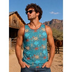 Raised by Coyotes Men’s 2XL Western Aztec Horse Print Tank Top Blue Stretch