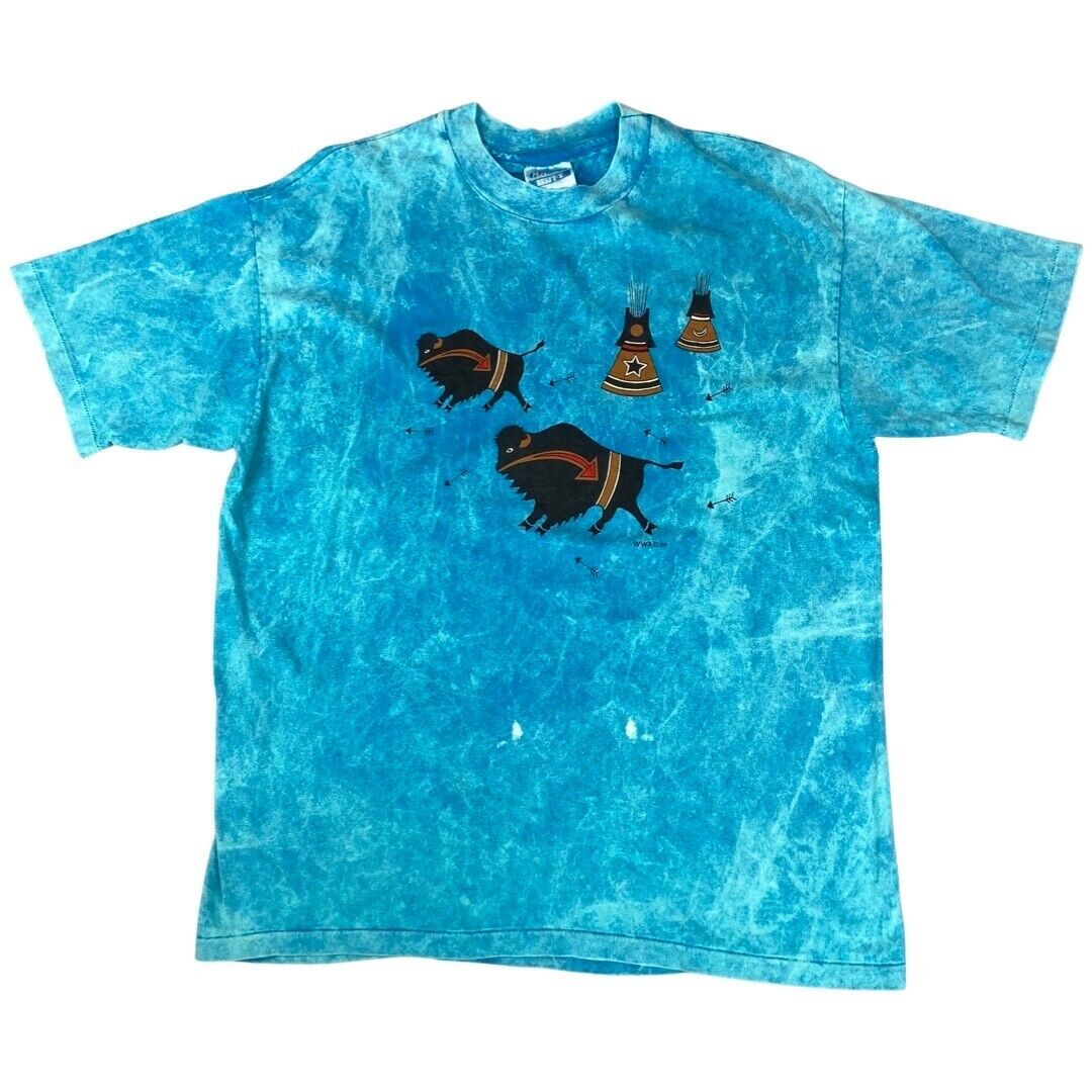 VTG 1989 Blue Tie Dye Native American Wild West Artwear Buffalo Graphic Tee LRG gallery