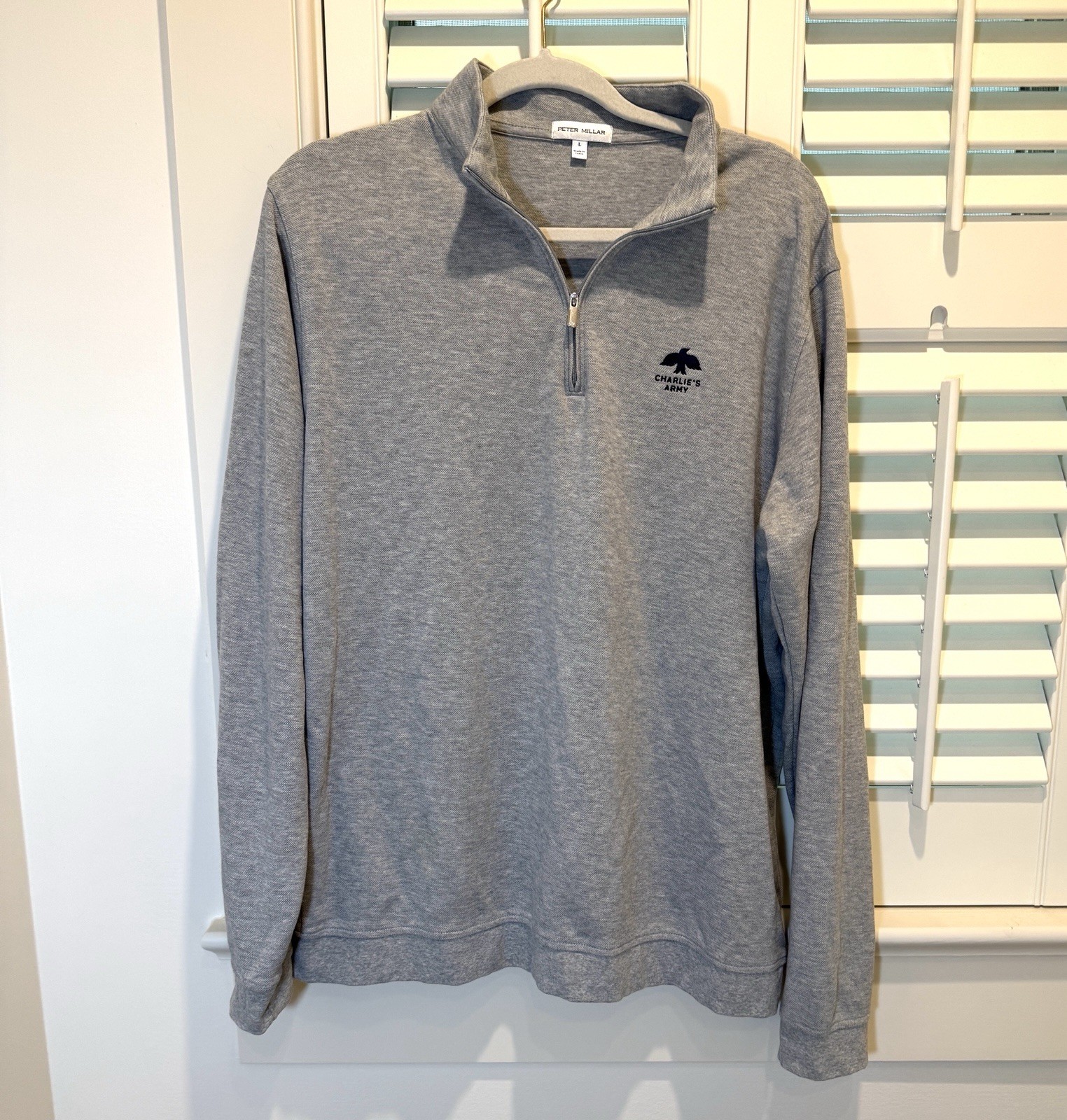 Peter Millar Men Size L Gray Quarter Zip Pullover Logo Charlie’s Army Logo EUC gallery