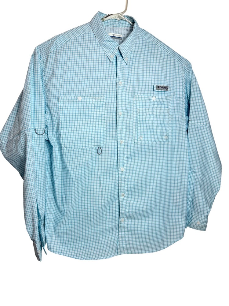 Columbia PFG Shirt Mens Large Blue Check Long Sleeve Fishing Vented Mesh Lined