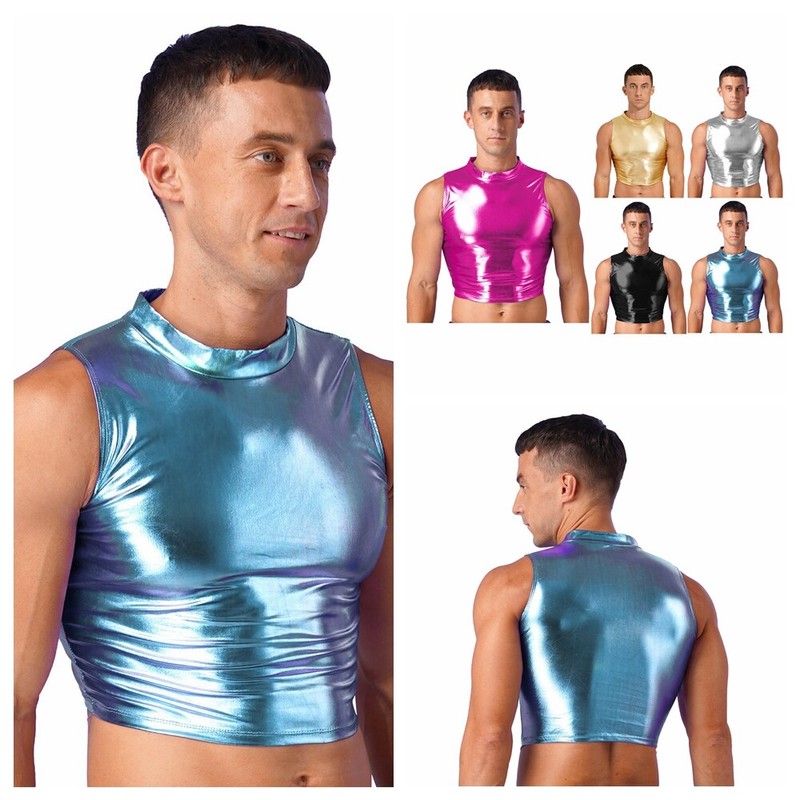 Mens Tank Tops Muscle Top Shiny Skinny Metallic Hip Hop Faux Leather Sport Gym gallery