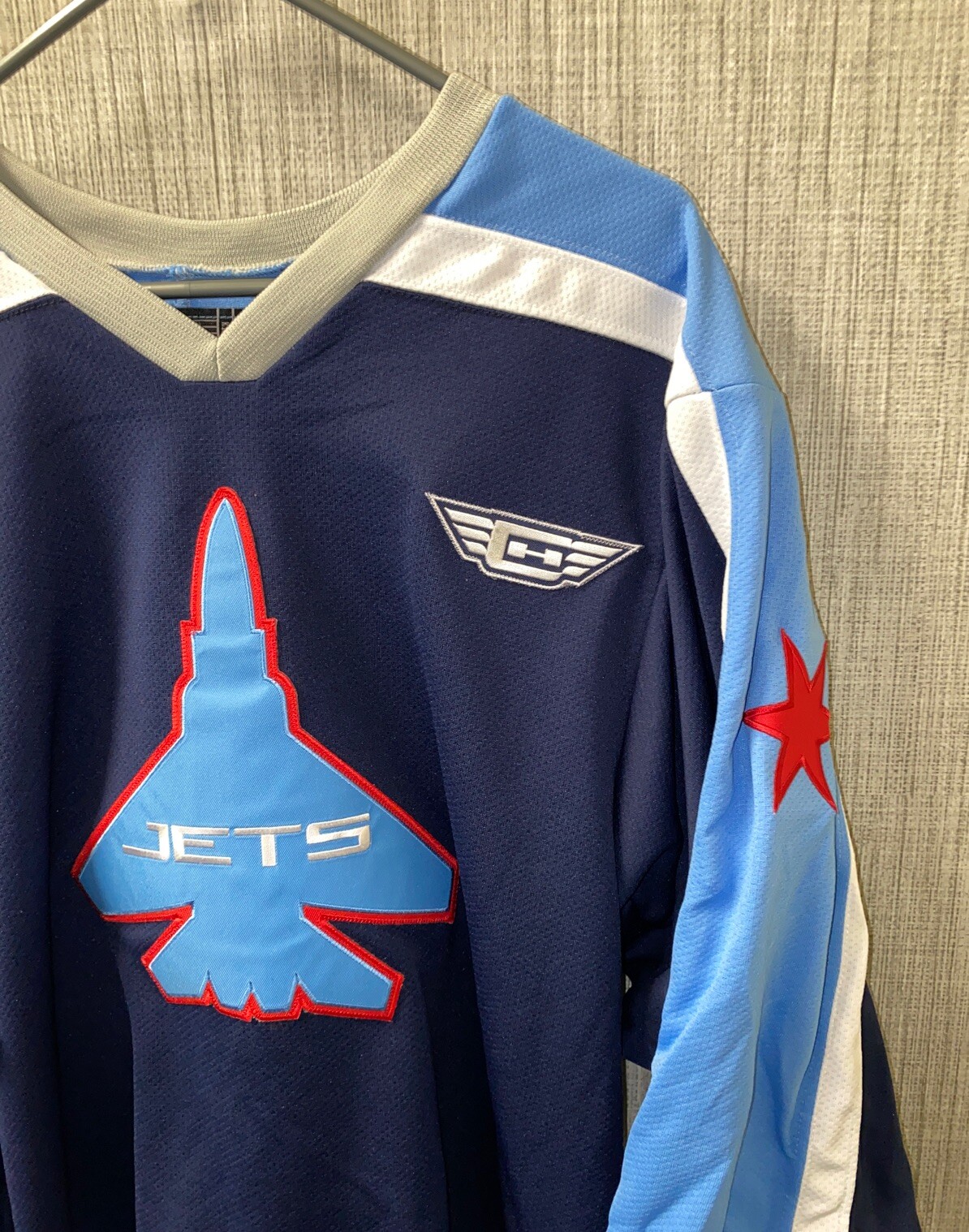 K1 Mens Blue Embroidered JETS USA Made Jersey Size YXL gallery