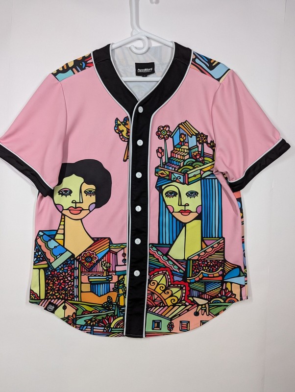 Fresh Hoods Baseball Jersey Men L Button Up Graphic Art Pink Streetwear Shirt gallery