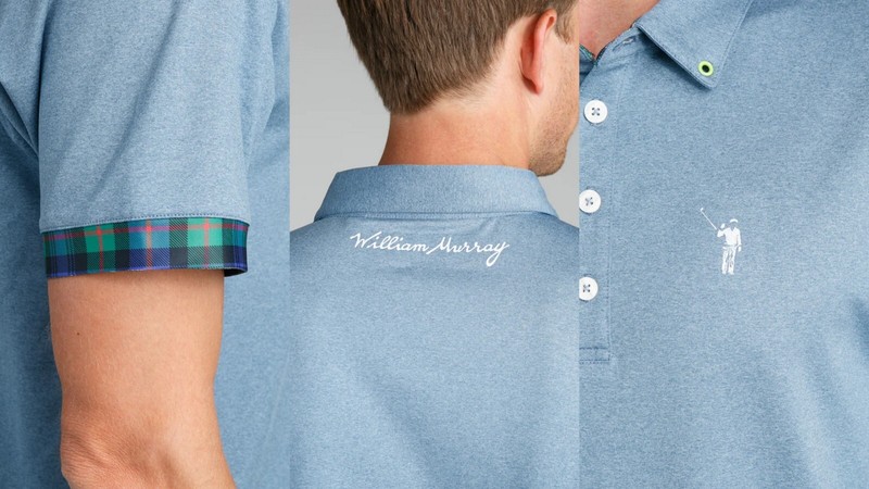 WILLIAM MURRAY GOLF Classic Polo Shirt Water Blue w/tartan trim SS size M gallery