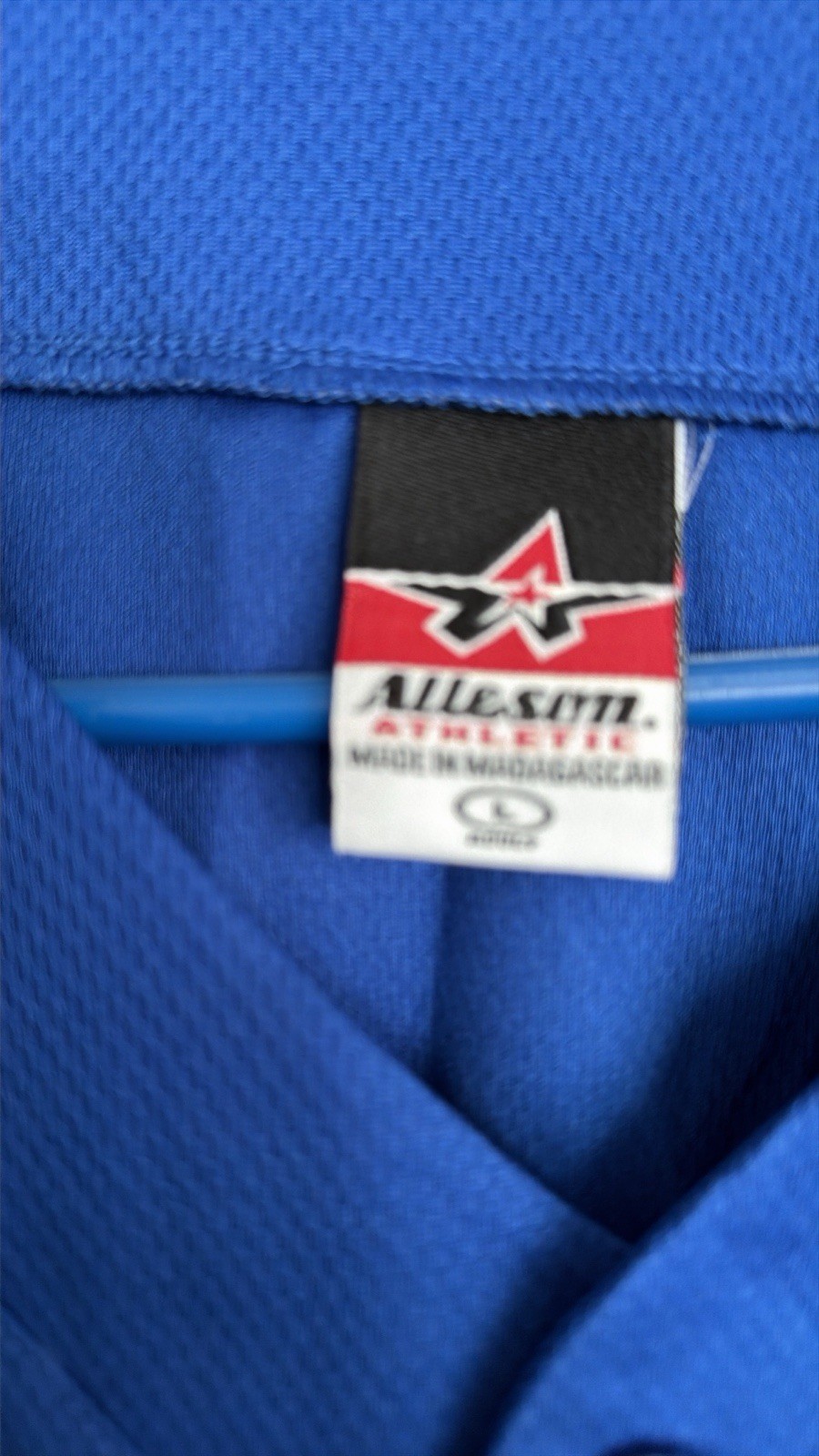 Alleson Athetic 2 Button Henley Baseball Jersey Blue Gray White Mens L gallery