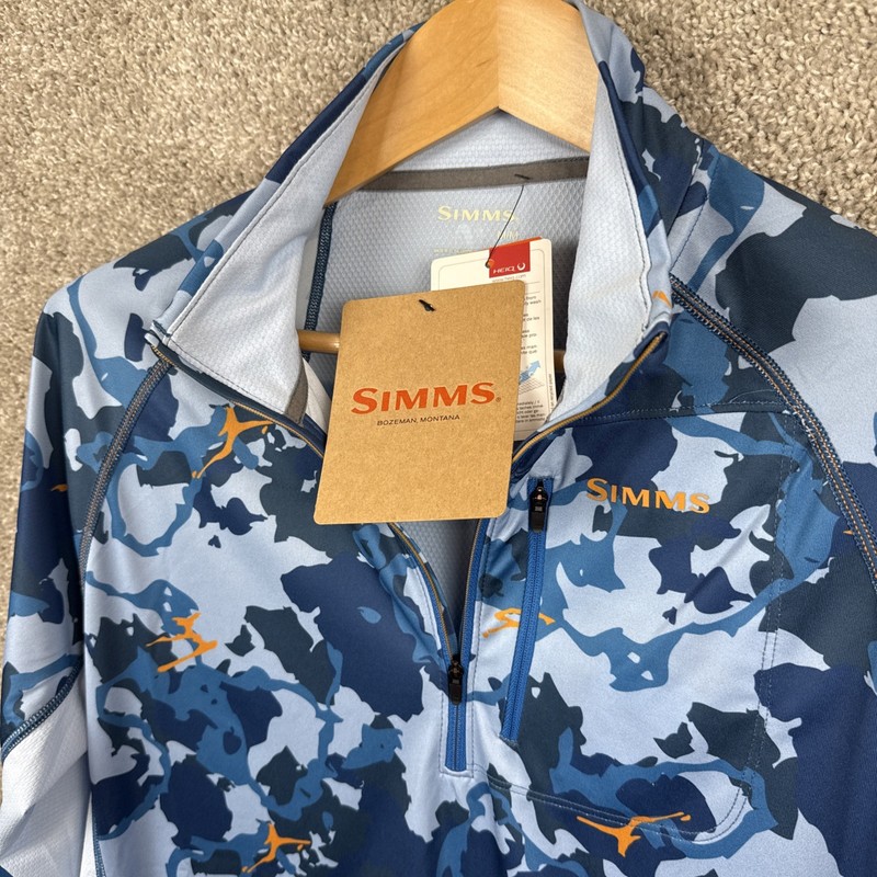 Simms Men's Medium Challenger Solar 1/2 Zip Blue Camo UPF 30+ Sun Protection NEW gallery