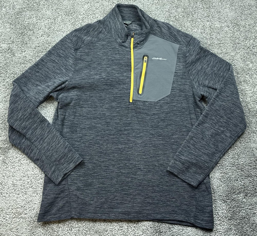 Eddie Bauer Pullover Sweater Mens Medium Gray 1/4 Zip Outdoor Performance Pocket