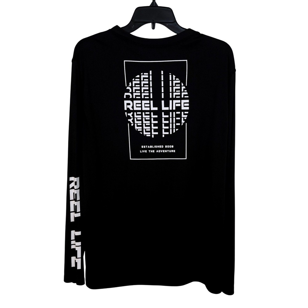 Reel Life Long Sleeve Performance Fishing Shirt Mens Large Black White Graphic