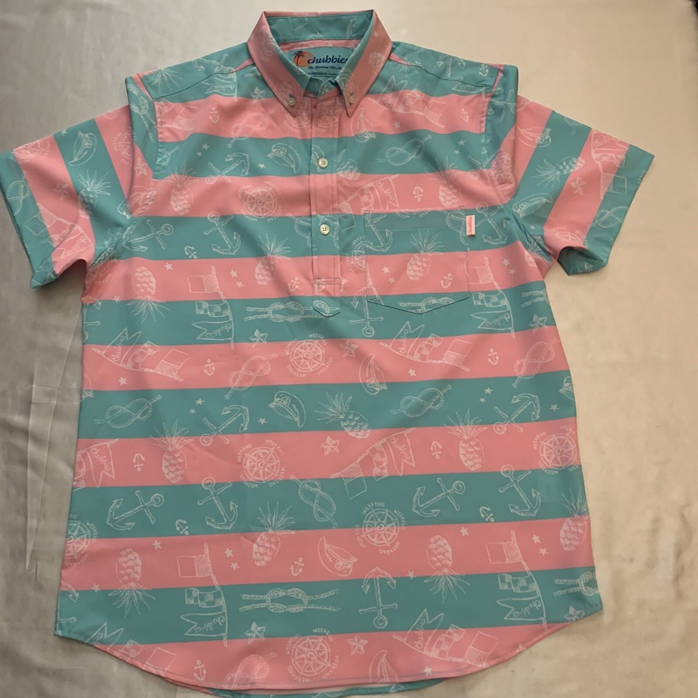 Chubbies Mens Popover Shirt Medium Nautical Captain Anchor Pink Aqua New