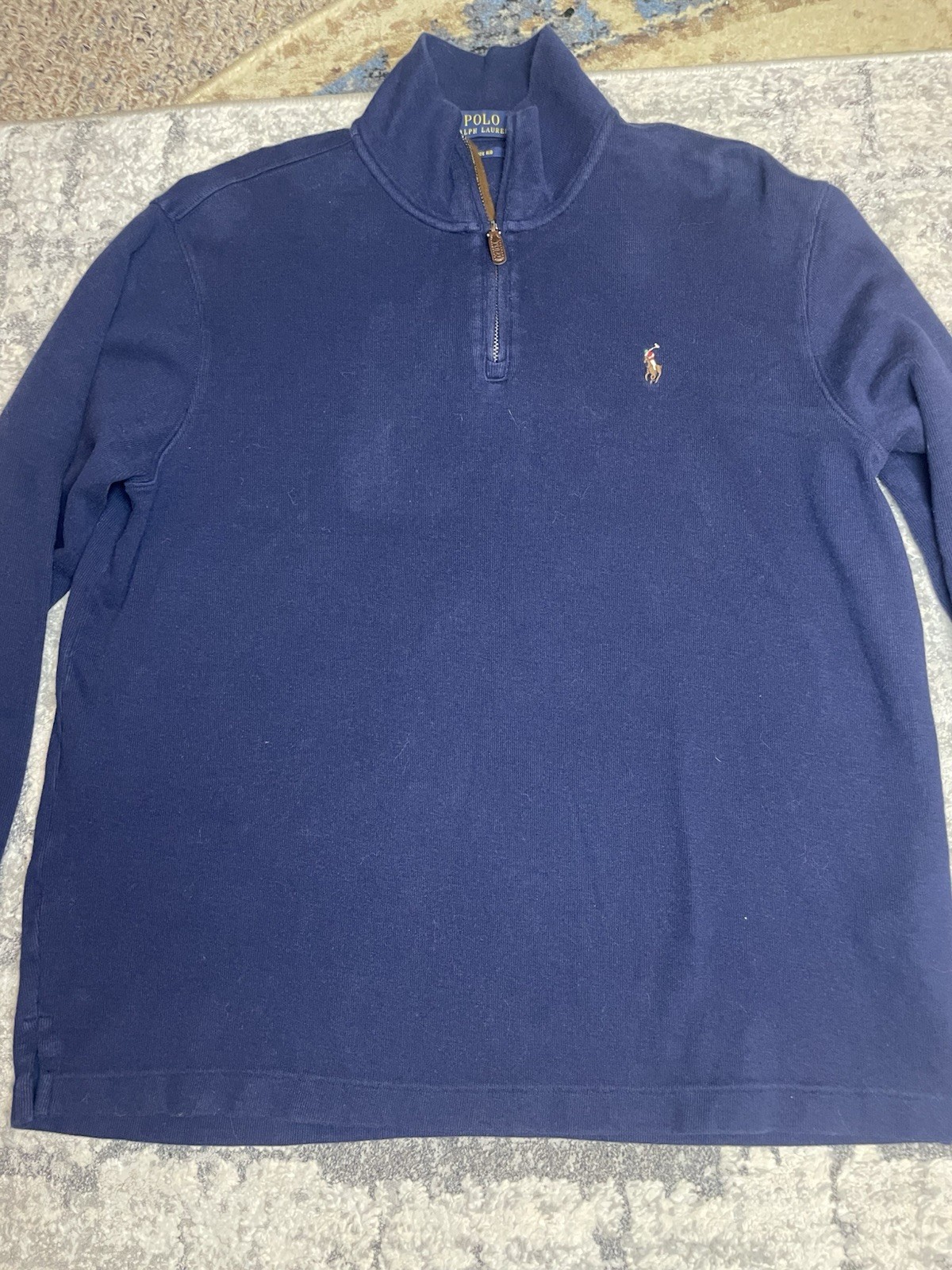 Polo Ralph Lauren Estate Rib Sweater Men’s L Blue 1/4 Zip Pullover Red Pony Logo gallery