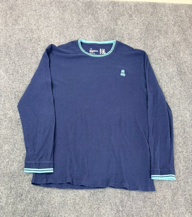 Psycho Bunny Blue Long Sleeve Logo T-Shirt Crew Neck Cotton Blend Men Size XL