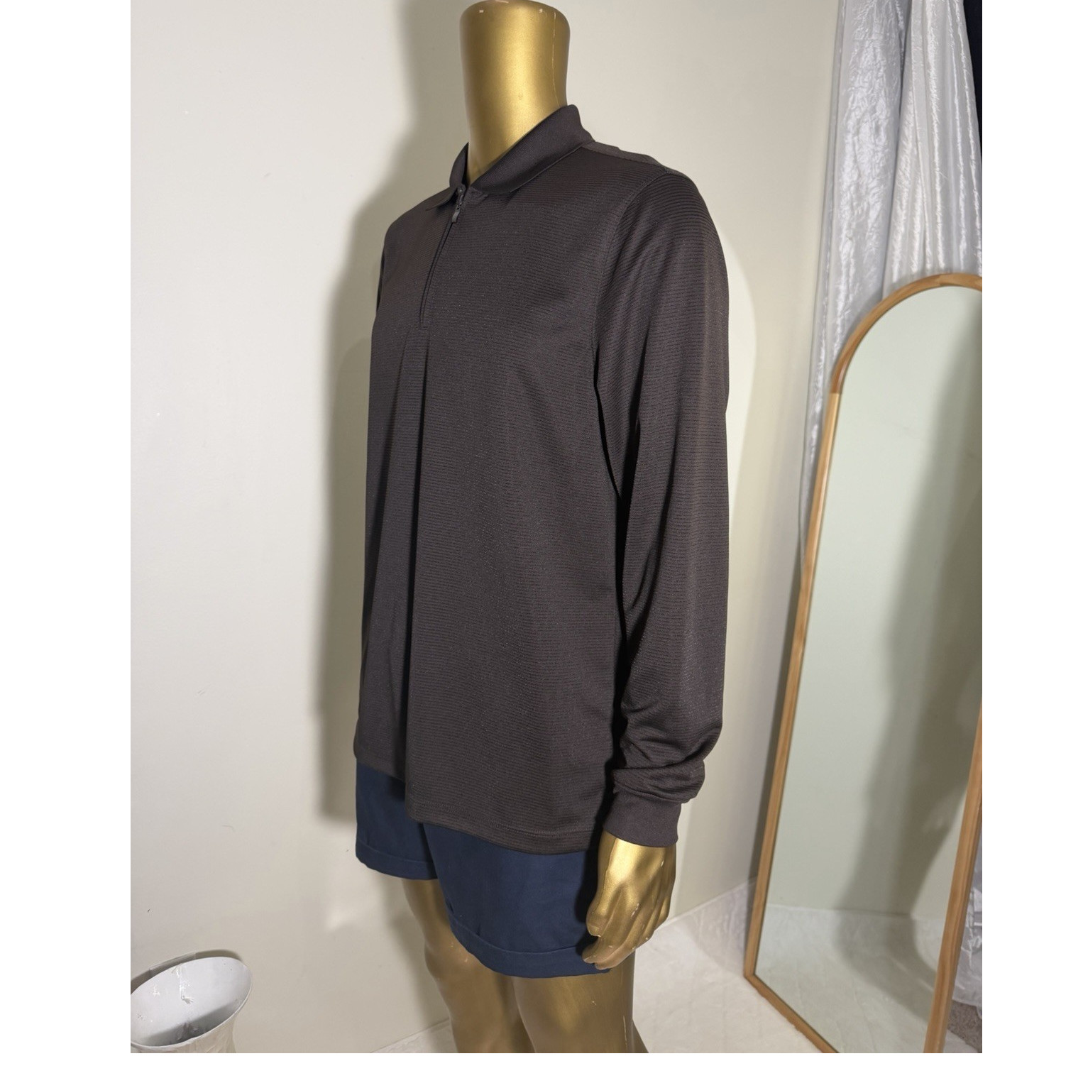 Perry Ellis Men’s 1/4 Zip Long Sleeve Collared Polo, Brown Polyester, M gallery