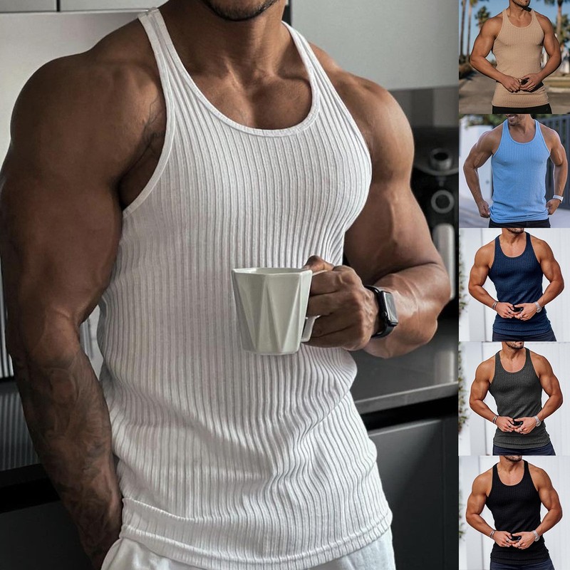 New Summer Vertical Stripe Outdoor Leisure Fitness Sim fit tank top men's cloth gallery