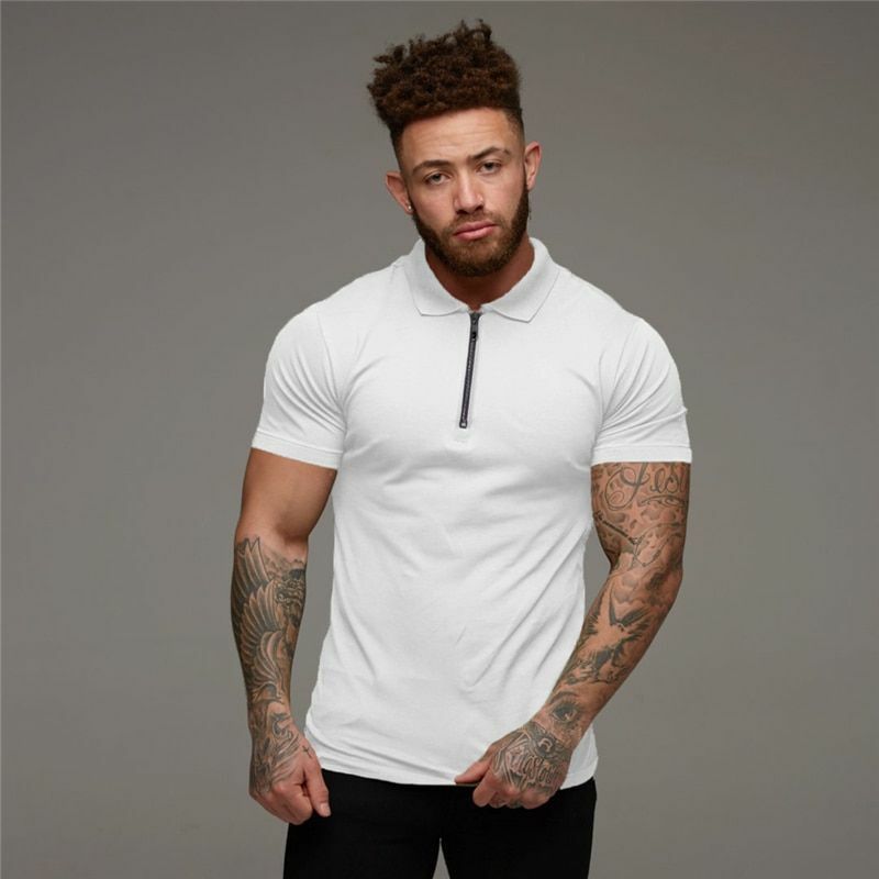 Mens T Shirts Casual Fashion Gym Fitness Short Sleeve Zip Muscle Guy Polo Shirt gallery