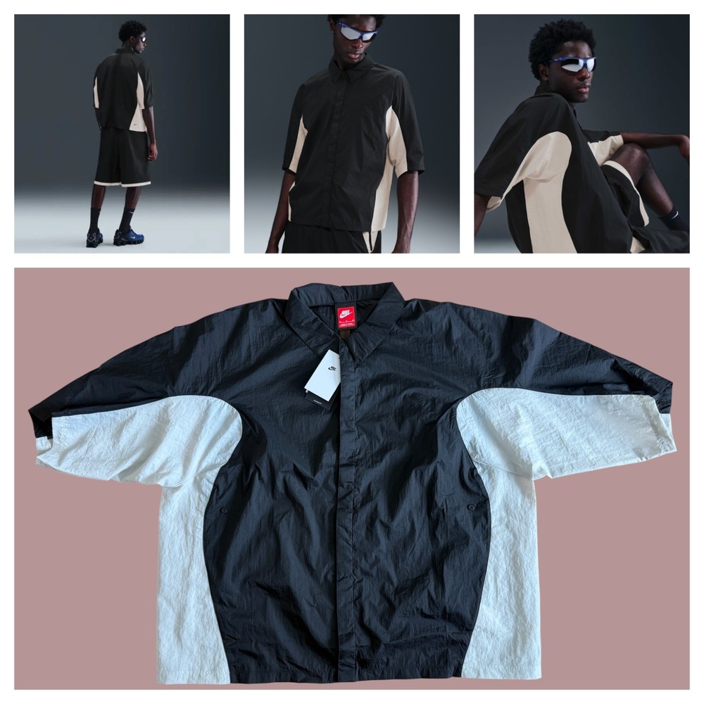 Nike Tech Men Woven Oversized Shirt Black Light Bone Size XL New $140 IF8328-010