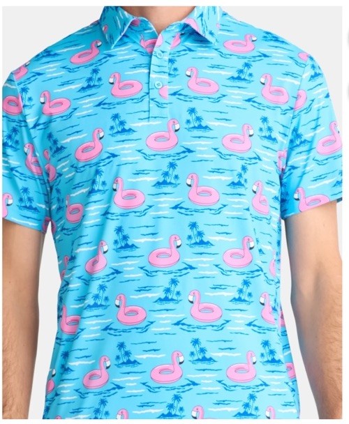 Birdie Bound Men’s Performance Flamingo Print Golf Polo Shirt Size M Blue/ Pink gallery