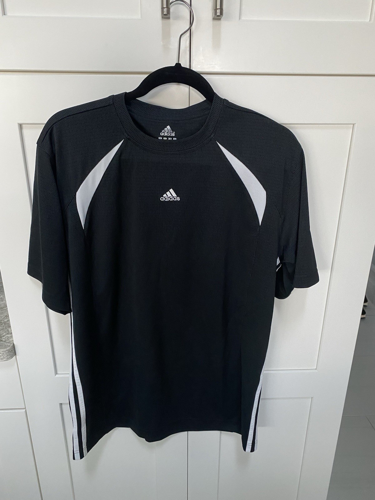 Adidas Men's MeD Black Short Sl. Climalite Shirt 3 Stripes Ex. Cond. LAST CHANCE gallery