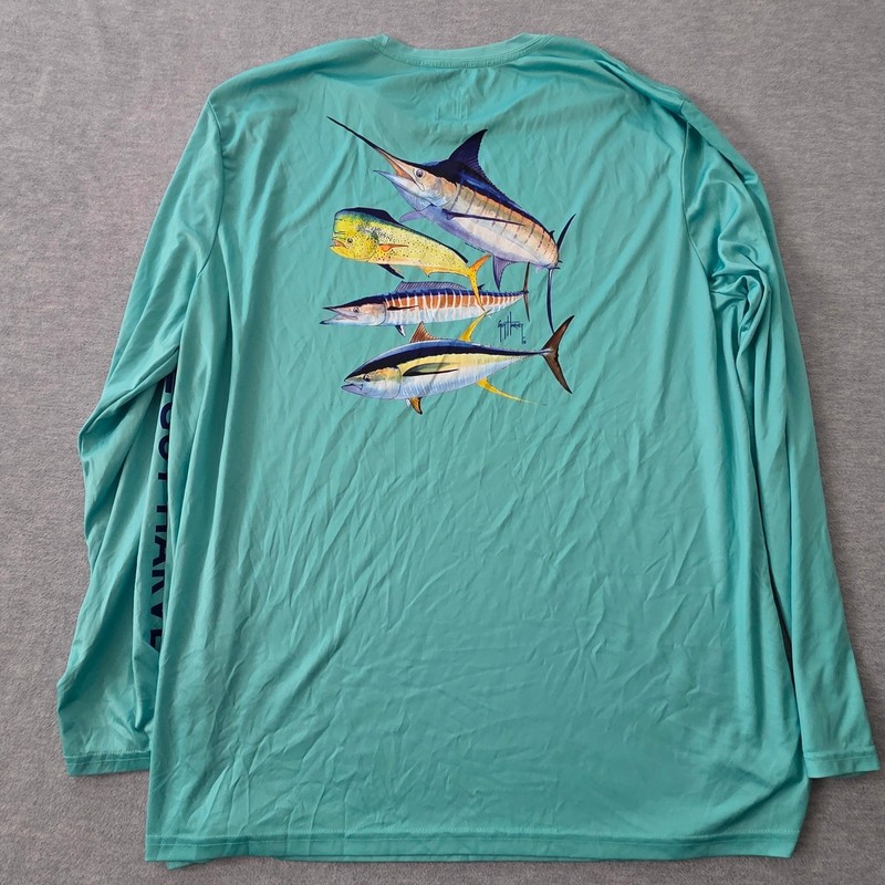 Guy Harvey Mens XXL Aqua Green Long Sleeve Performance Fishing Graphic Shirt gallery